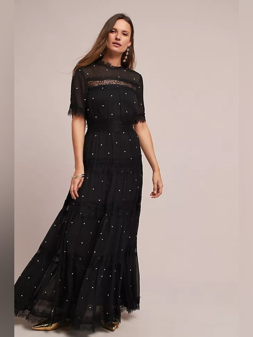 Anthro Ranna Gill Opening Night Black Polka Dot Lace Trim Tiered Maxi Dress 8